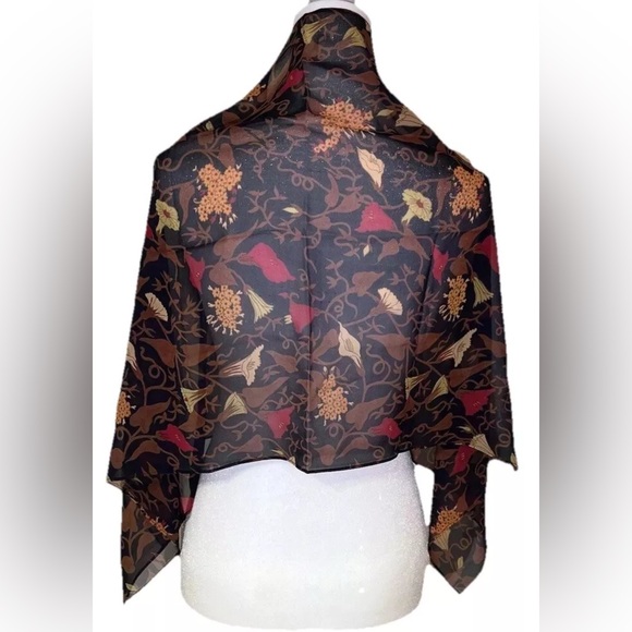 100% Silk Scarf Rectangle Sheer Made in Korea Black Brown Red Yellow Floral - Picture 6 of 12